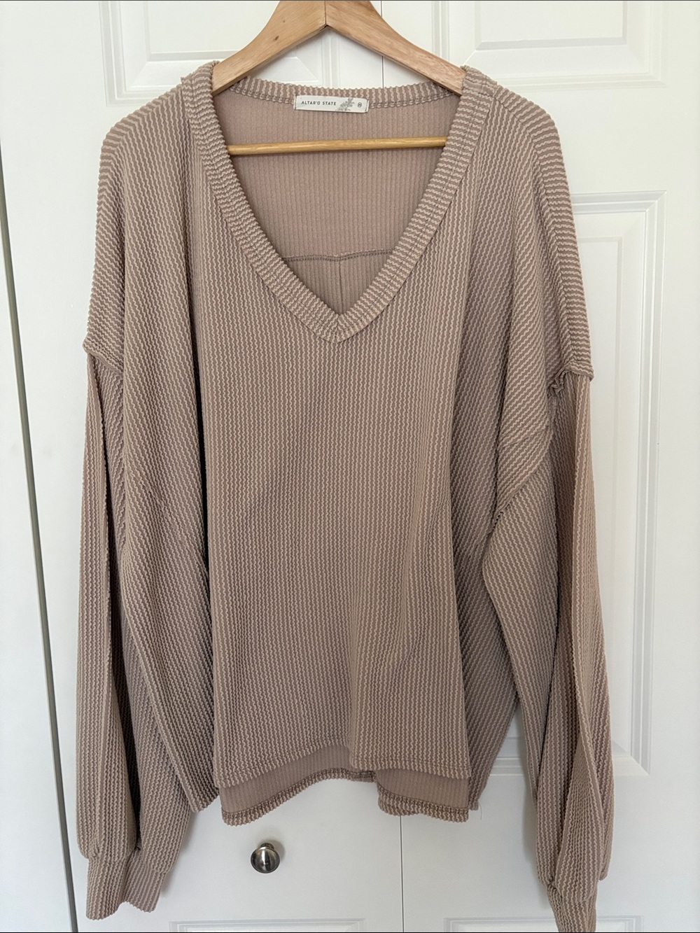 Altar'd State Taupe V-Neck Waffle Knit Pullover
